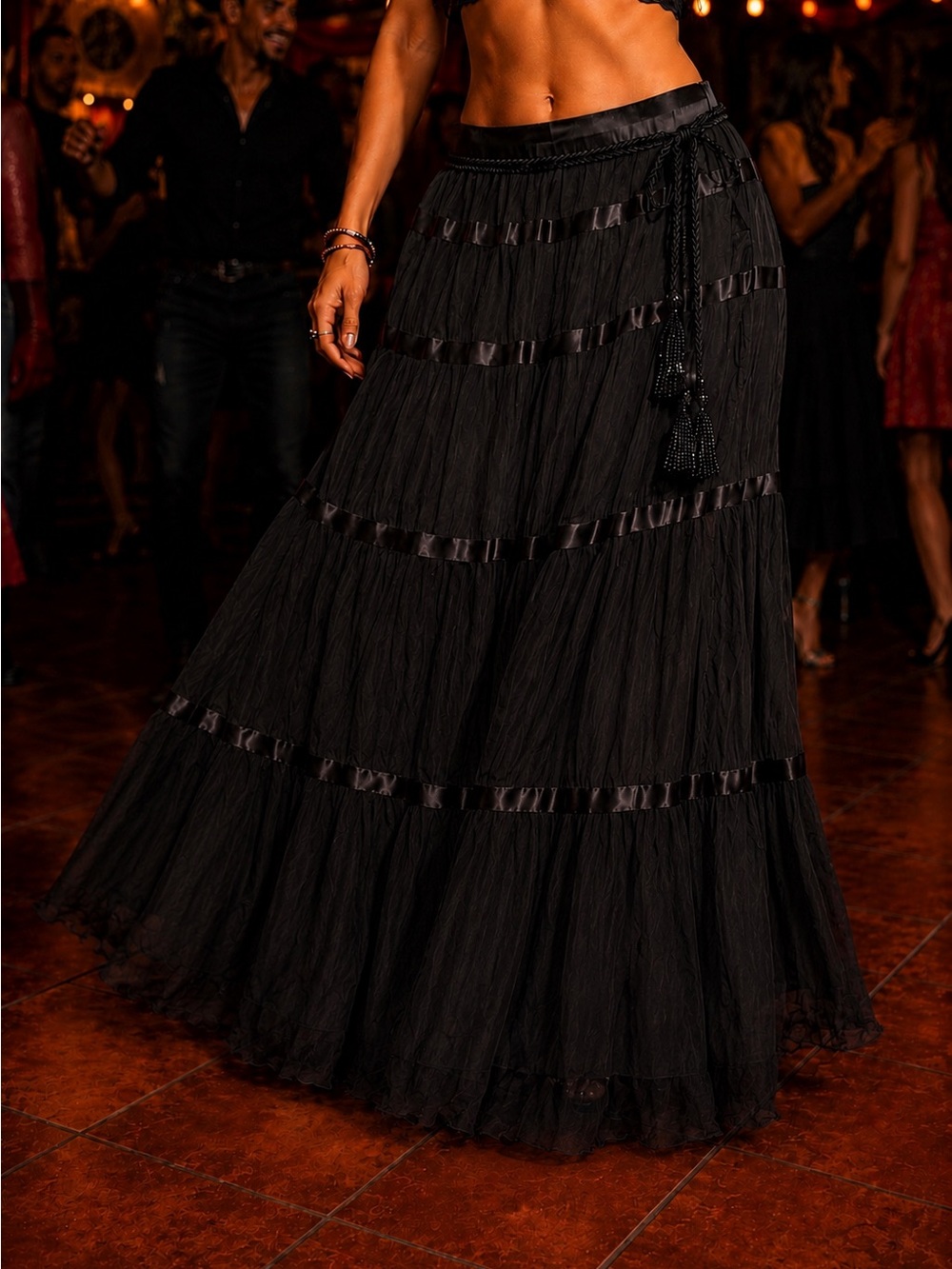 Laundry by Shelli Segal Black Beaded Tiered Maxi Skirt Boho Y2K Size 4 - Picture 5 of 6